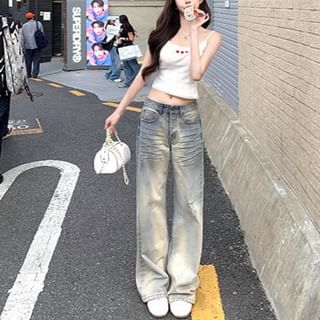 Shinsei-Mid Waist Washed Wide Leg Jeans