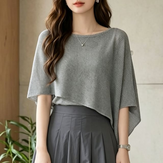 Shinsei-Mock Two-Piece Asymmetrical Sleeve Plain Knit Top