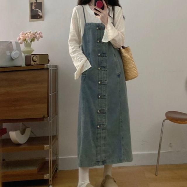 Shinsei-Mock Two-Piece Long-Sleeve Button-Up Denim Shift Dress Various Designs