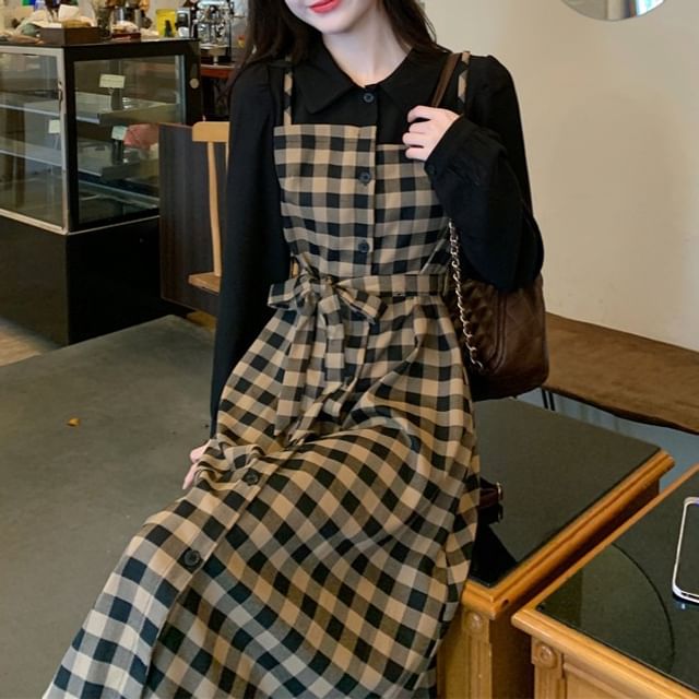 Shinsei-Mock Two-Piece Long-Sleeve Collared Gingham Button-Up Midi A-Line Dress