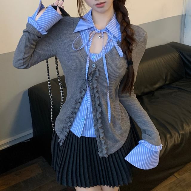 Shinsei-Mock Two-Piece Long-Sleeve Collared Striped Panel Frill Trim Button-Up Top