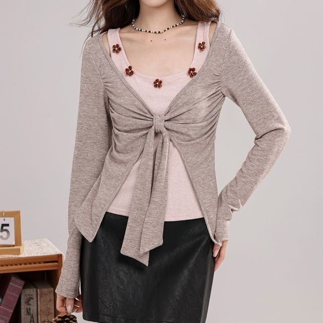 Shinsei-Mock Two-Piece Long-Sleeve Floral Accent Top