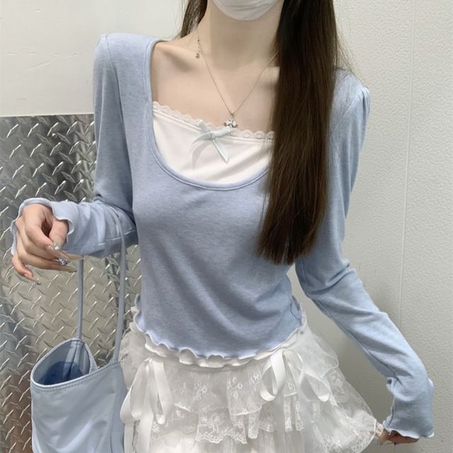 Shinsei-Mock Two-Piece Long-Sleeve Square Neck Two Tone Top