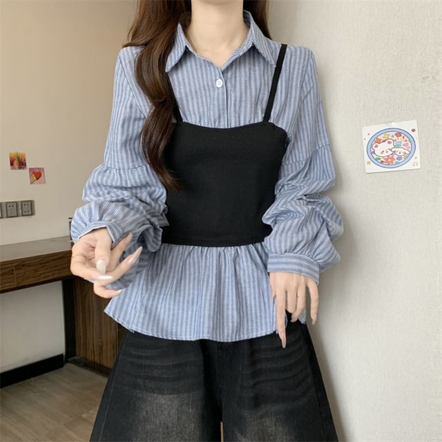 Shinsei-Mock Two-Piece Long-Sleeve Striped Shirt