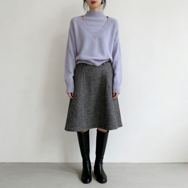 Shinsei-Mock Two-Piece Mock Neck Cutout Plain Sweater