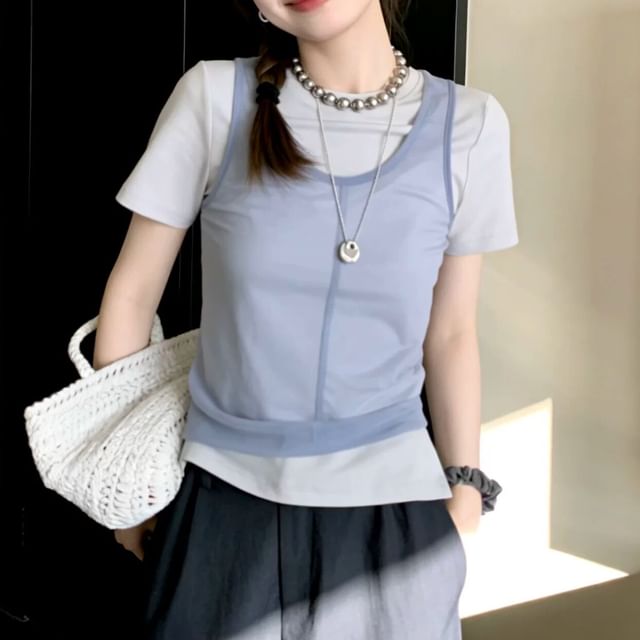 Shinsei-Mock Two-Piece Short-Sleeve Crew Neck Two Tone Mesh Panel T-Shirt