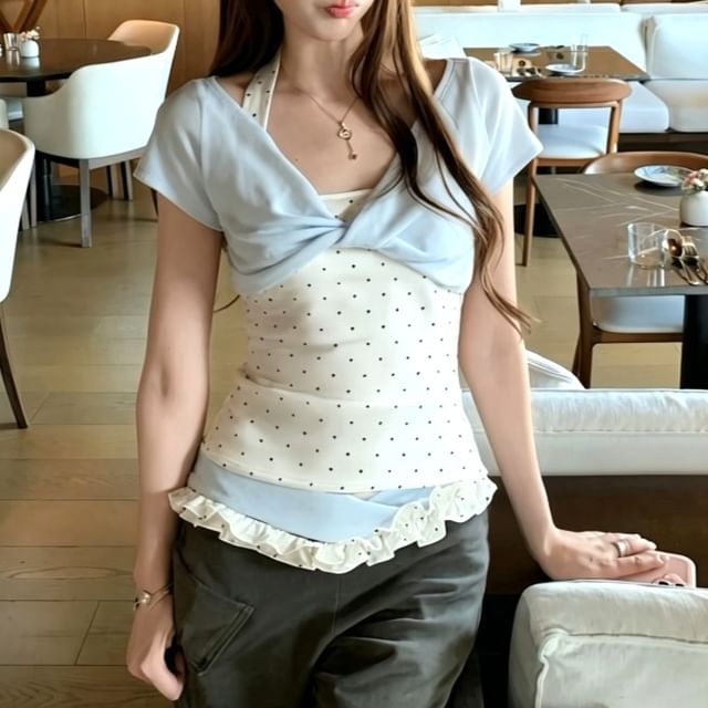 Shinsei-Mock Two-Piece Short-Sleeve Halter Neck Micro Dot Twisted Crop Top