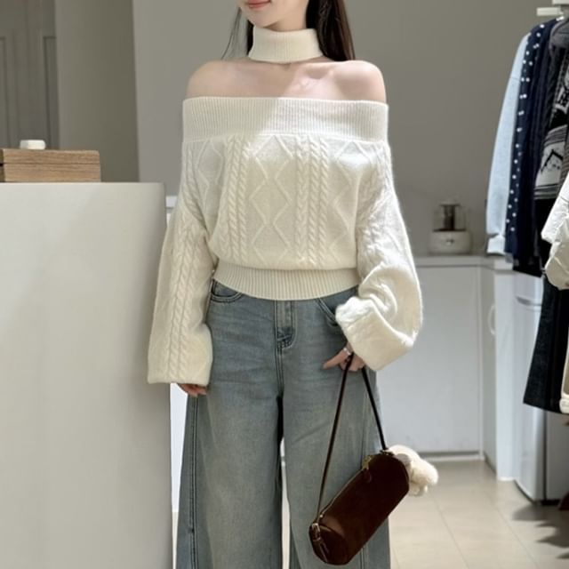 Shinsei-Off-Shoulder Choker-Neck Plain Cable Knit Sweater