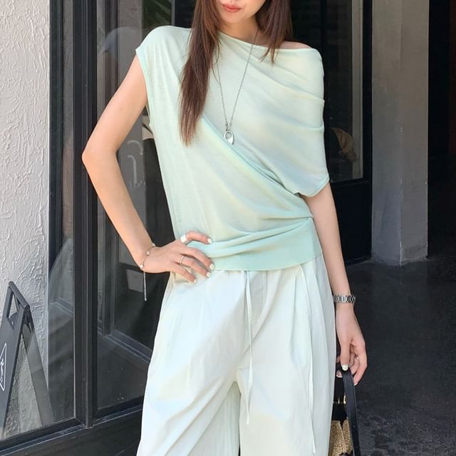Shinsei-One-Shoulder Plain Asymmetrical Shirred T-Shirt