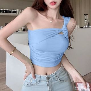 Shinsei-One-Shoulder Plain Cutout Ruched Crop Tank Top
