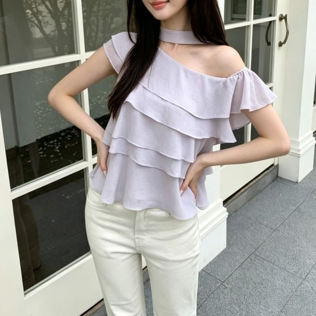 Shinsei-One-Shoulder Plain Ruffle Asymmetrical Blouse