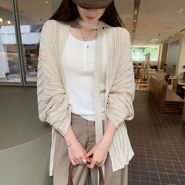 Shinsei-Plain Ribbed Knit Tie Waist Cardigan
