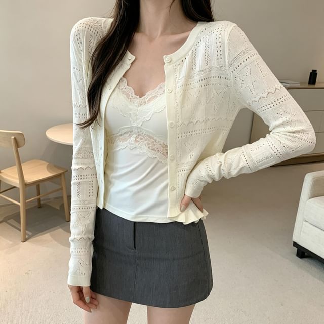 Shinsei-Plain Ruffled Button-Up Pointelle Knit Cardigan