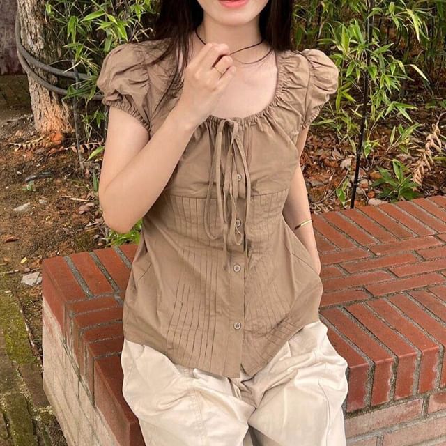 Shinsei-Puff Cap Sleeve Scoop Neck Plain Pintuck Tie Front Blouse