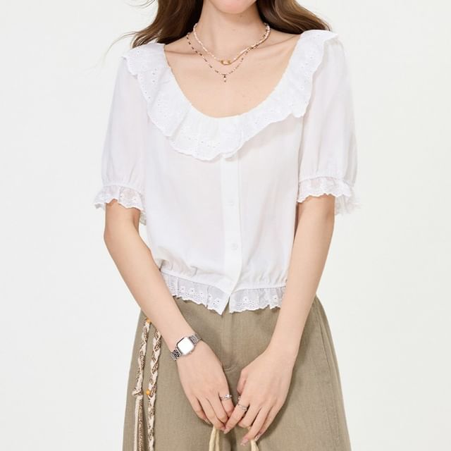 Shinsei-Puff-Sleeve Scoop Neck Plain Lace Trim Blouse