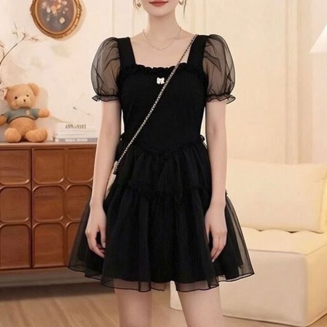 Shinsei-Puff-Sleeve Square Neck Plain Mesh Panel Mini A-Line Dress
