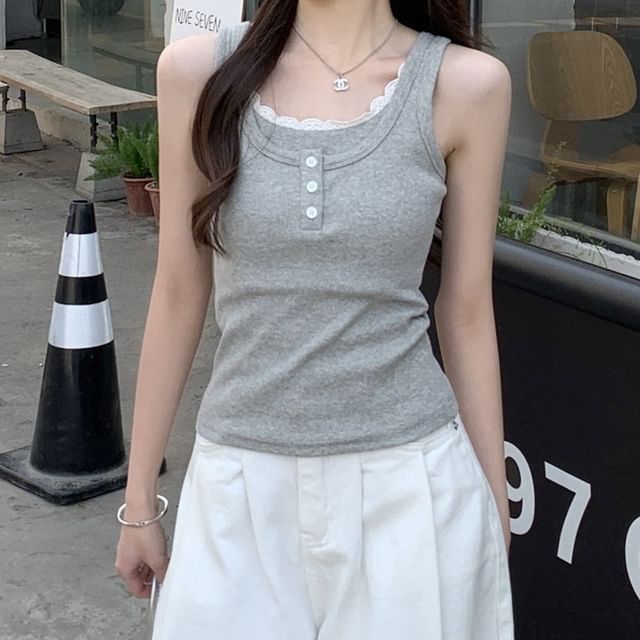 Shinsei-Scoop Neck Lace Trim Button Mock Two Piece Tank Top
