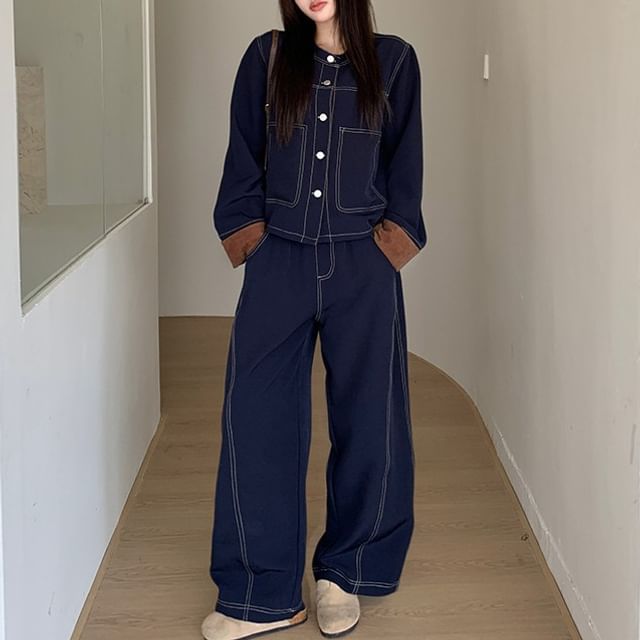 Shinsei-Set Crew Neck Contrast Stitched Button-Up Denim Jacket High Waist Wide Leg Jeans