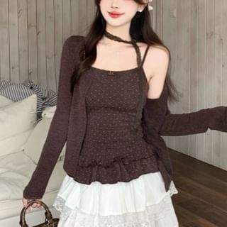 Shinsei-Set Dotted Camisole Top Plain Cardigan