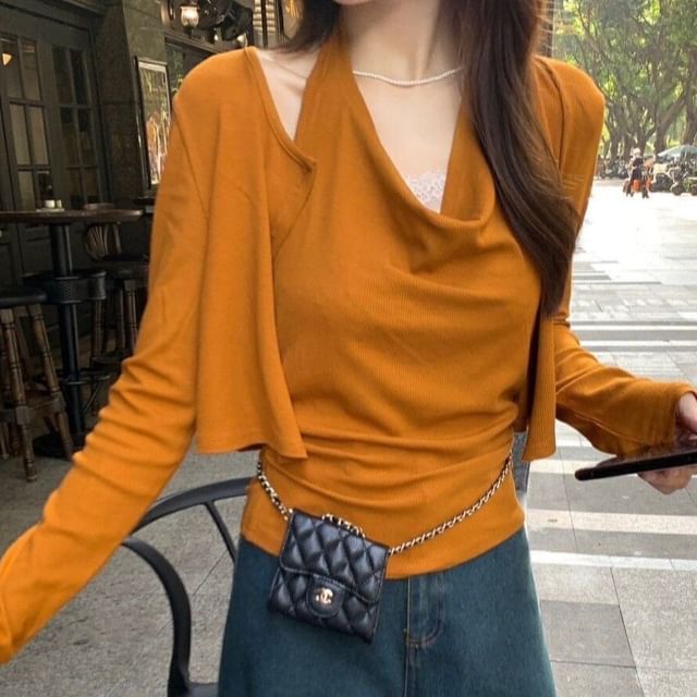 Shinsei-Set Halter-Neck Plain Top Open Front Cardigan