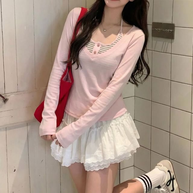 Shinsei-Set Long Sleeve V-Neck Plain T-Shirt Halter Striped Button Top