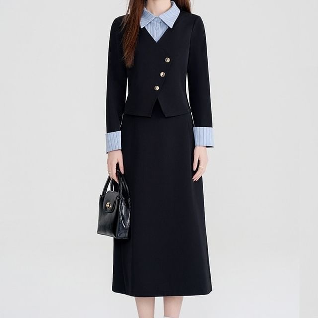 Shinsei-Set Mock Two-Piece Long-Sleeve Collared Striped Panel Button-Up Blouse High Waist Plain Midi A-Line Skirt