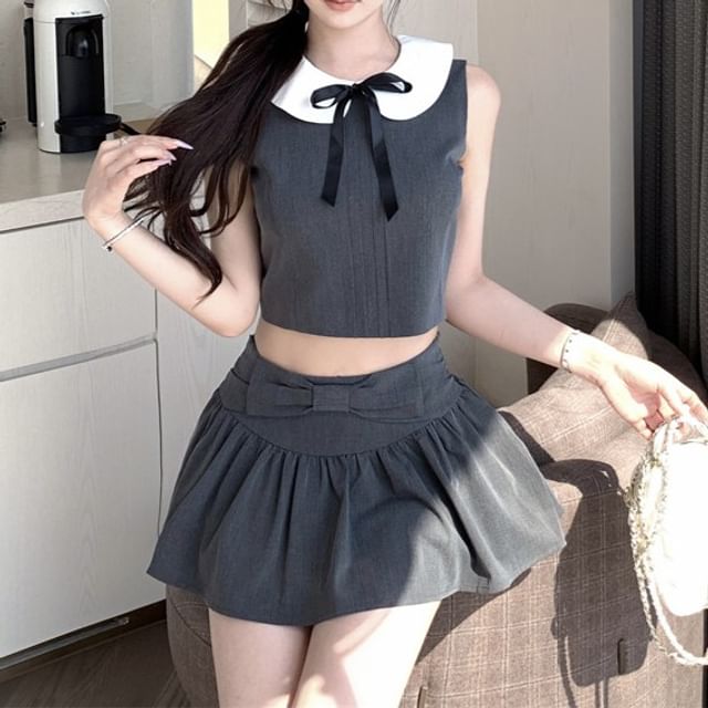 Shinsei-Set Peter Pan Collar Two Tone Bow Accent Crop Tank Top Mid Rise Plain Mini A-Line Skirt