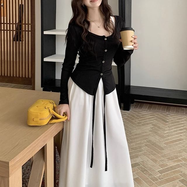 Shinsei-Set Plain Long Jacket Sleeveless Maxi A-Line Dress