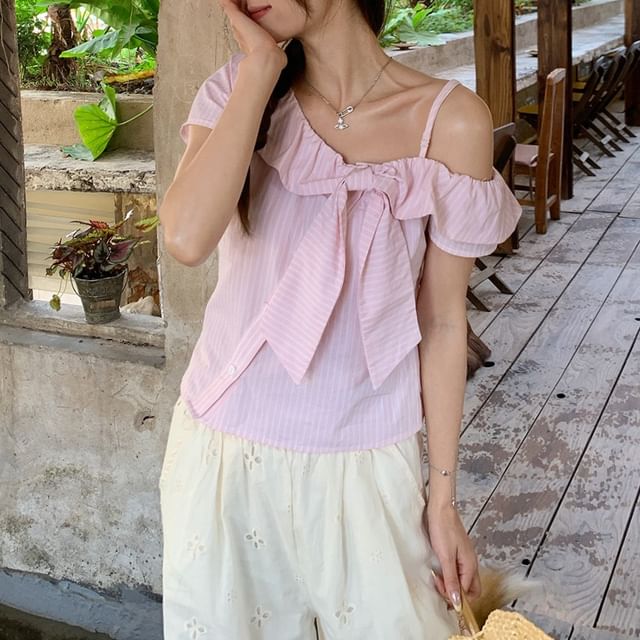 Shinsei-Short-Sleeve Cold-Shoulder Striped Bow Blouse