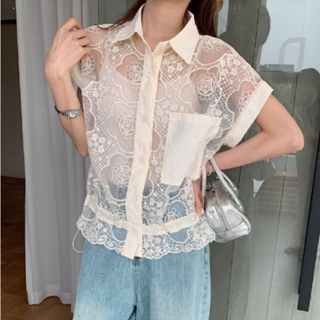 Shinsei-Short-Sleeve Collared Lace Button Up Shirt