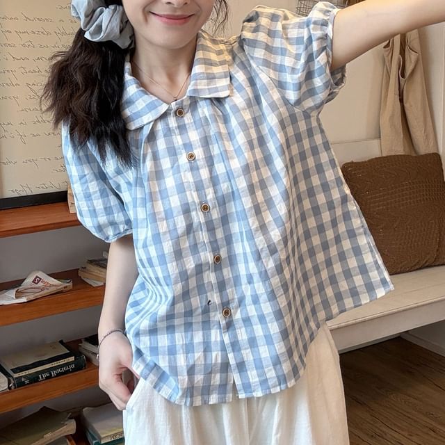 Shinsei-Short Sleeve Collared Plaid Blouse