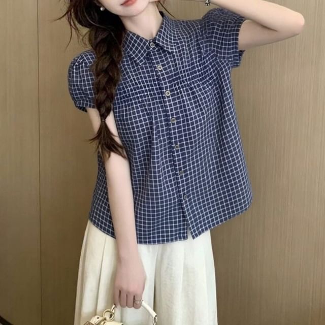 Shinsei-Short-Sleeve Collared Plaid Button Up Shirt