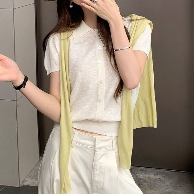 Shinsei-Short Sleeve Collared Plain Button Knit Top
