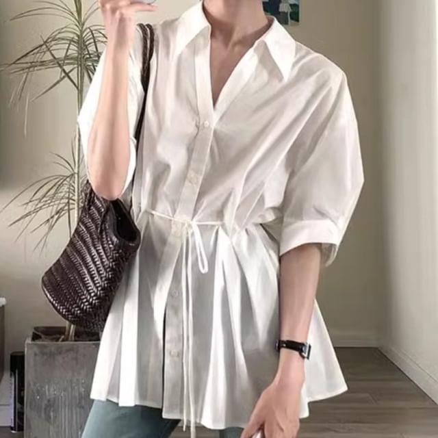 Shinsei-Short Sleeve Collared Plain Drawstring-Waist Shirt