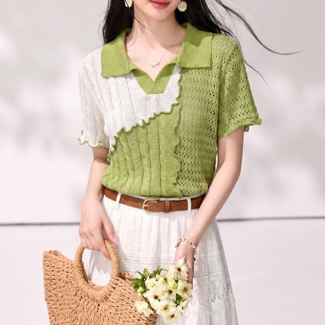 Shinsei-Short-Sleeve Collared Two Tone Lettuce Edge Perforated Knit Top