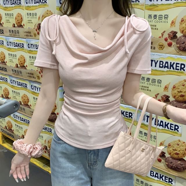 Shinsei-Short Sleeve Cowl Neck Plain Bow Ruched Top