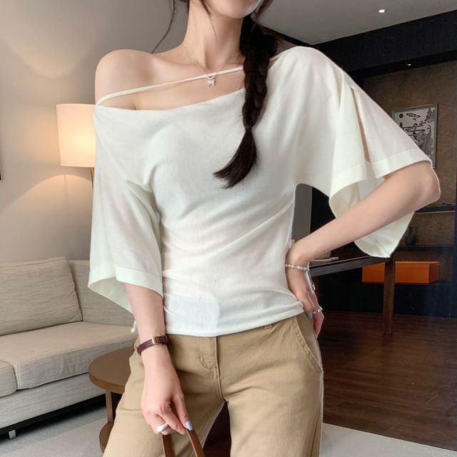 Shinsei-Short-Sleeve Cowl Neck Plain Shirred Top