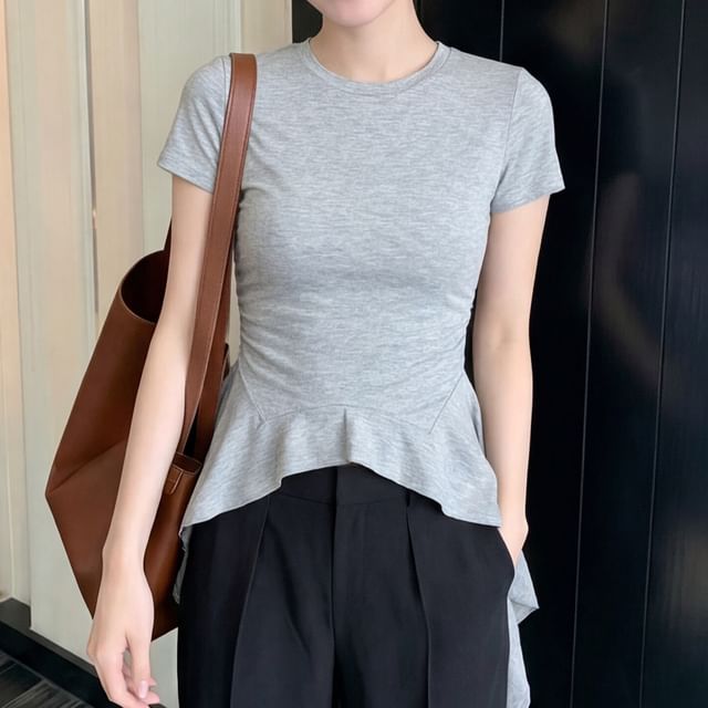 Shinsei-Short-Sleeve Crew Neck Plain Asymmetrical Ruched Ruffle Hem T-Shirt