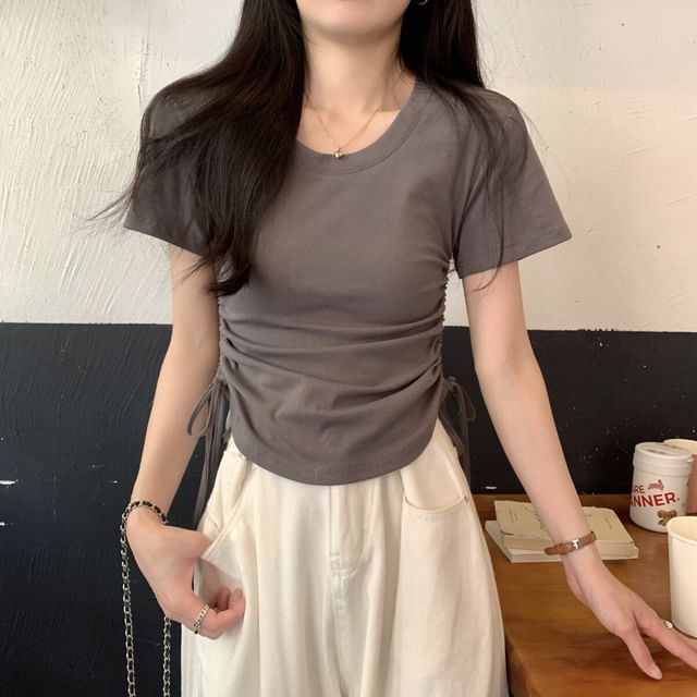 Shinsei-Short-Sleeve Crew Neck Plain Drawstring Crop T-Shirt