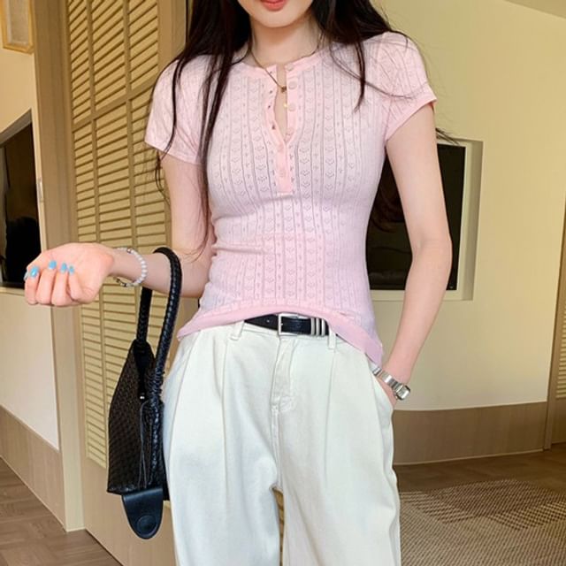 Shinsei-Short-Sleeve Henley Plain Knit Top