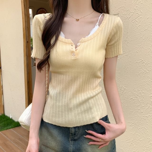 Shinsei-Short Sleeve Henley Plain Ribbed Knit Top