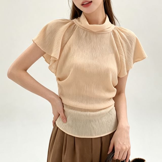 Shinsei-Short-Sleeve Mock Neck Ruffled-Trim Plain Ruched Top