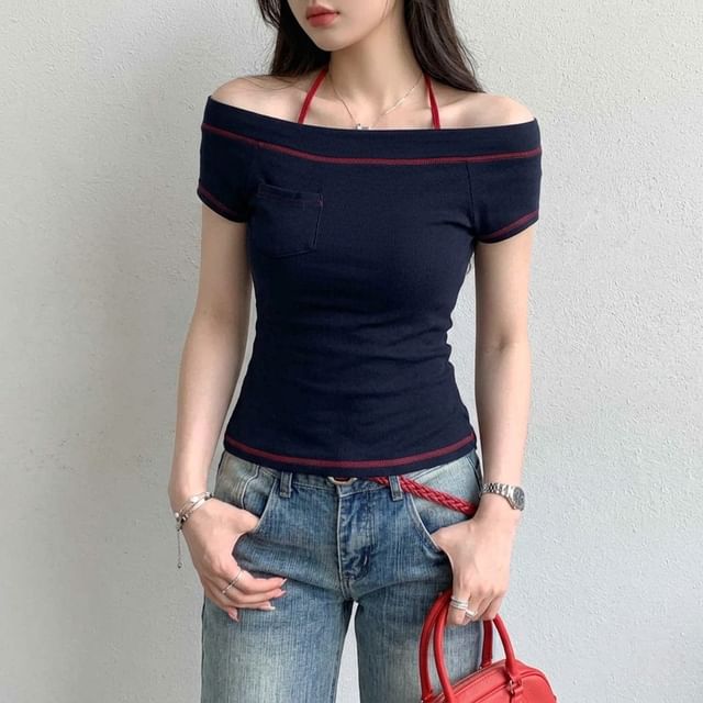 Shinsei-Short-Sleeve Off Shoulder Contrast Stitching Top