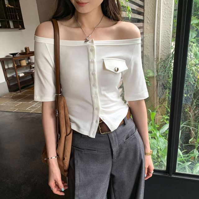 Shinsei-Short-Sleeve Off Shoulder Plain Button Up T-Shirt