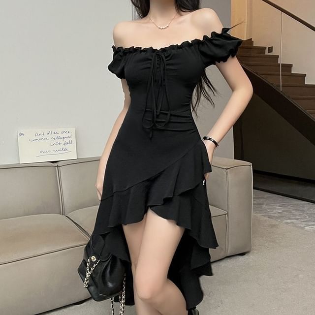 Shinsei-Short-Sleeve Off Shoulder Plain Ruffle Trim Dip Back Midi A-Line Dress