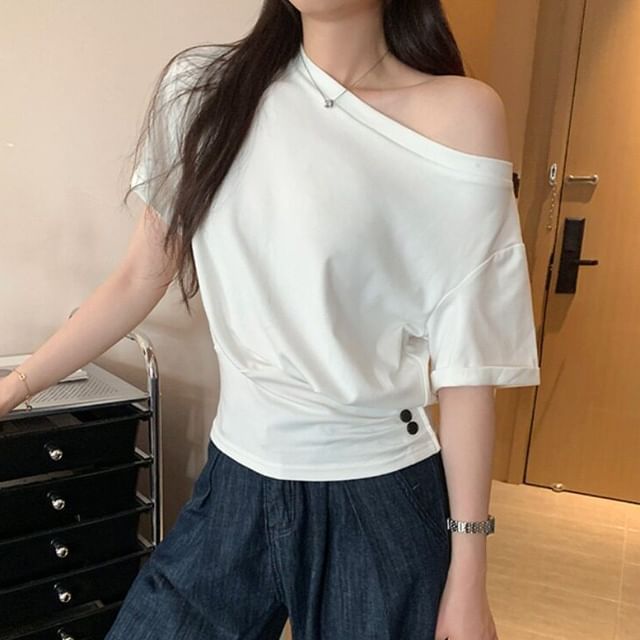 Shinsei-Short Sleeve One Shoulder Plain T-Shirt