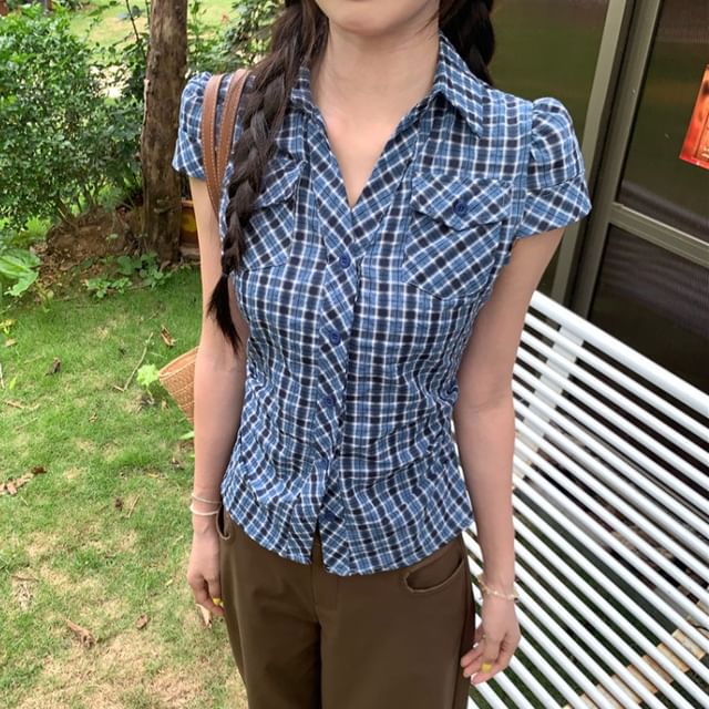Shinsei-Short-Sleeve Plaid Button-Up Shirt