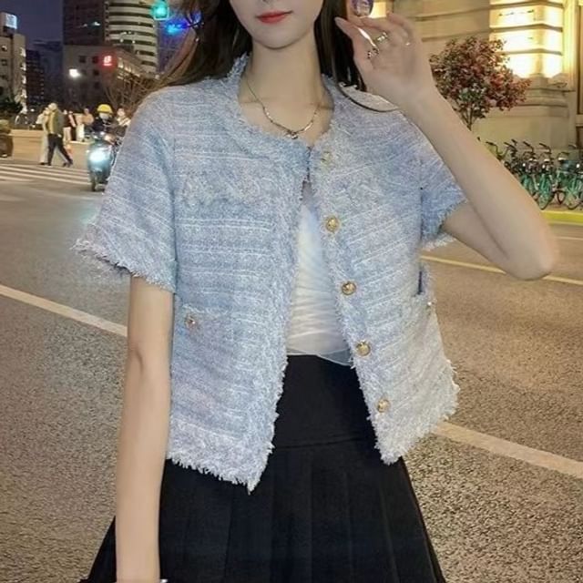 Shinsei-Short Sleeve Round Neck Fray Tweed Button Jacket