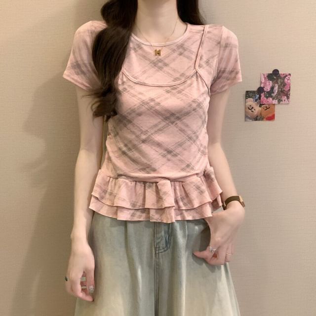 Shinsei-Short Sleeve Round Neck Plaid Ruffle Mock Two Piece Top