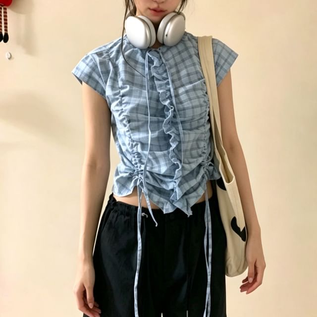Shinsei-Short-Sleeve Round Neck Plaid Ruffle Trim Blouse